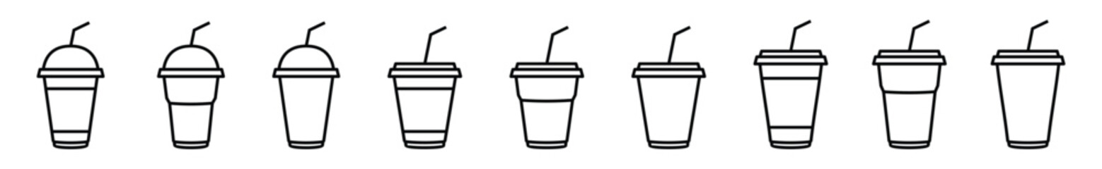 Coffee cup icons vector set in line style. Disposable coffee cup with straw. Coffee paper cup, plastic container for hot and cold drink, juice, tea, cocoa and other. Vector illustration