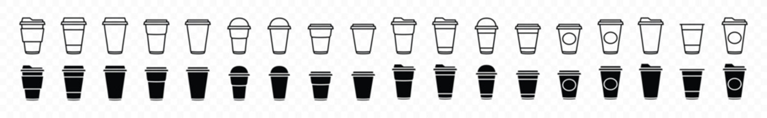 Coffee cup icons vector set in line and flat style. Disposable coffee cup. Coffee paper cup, plastic container for hot and cold drink, juice, tea, cocoa and other. Vector illustration