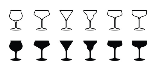 Cocktail glasses icons vector set in line and flat style. Alcohol, juice, beer, margarita, margarita, lemon drink icons, vector illustration