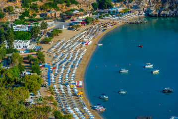 Panorama view of Lindos beach at Greek island Rhodes