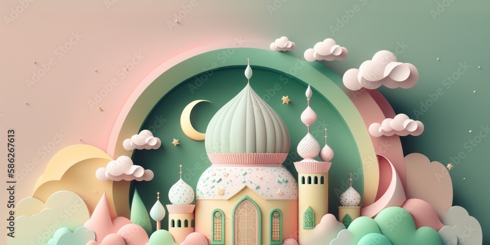 Poster generative ai illustration of ramadan kareem background with mosque and clouds.