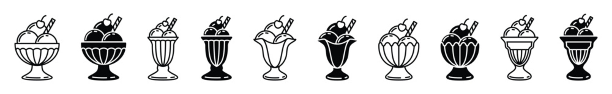 Ice cream icons vector set in line and flat style. Ice cream sundae in a glass, frozen yogurt, vanilla, chocolate, strawberry, parfait, cherry sign and symbol. Vector illustration
