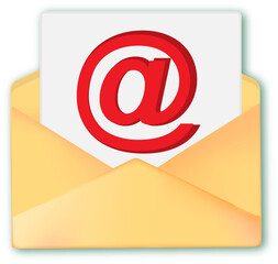 Envelope with web sign, online messaging, render email notification with letters, flat vector illustration	