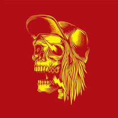 Original vector illustration in vintage style. A skull with long hair, a baseball cap, sparks from his eyes. T-shirt design, design element.