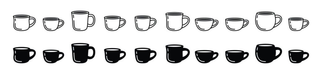 Coffee cup icon vector set in line and flat style. Coffee, tea, drinks, cocoa cup or mug sign and symbol. Vector illustration