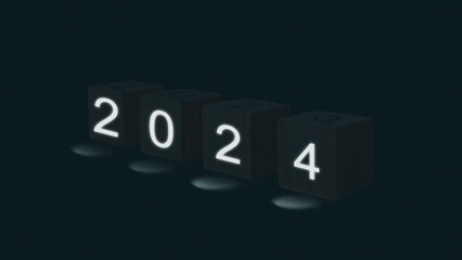 Merry Christmas and Happy New Year, wood Number lights at night dark background. 2024 to start business in the new year.