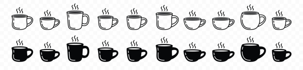 Coffee cup icon vector set in line and flat style. Hot coffee, tea, drinks, cocoa cup or mug sign and symbol. Vector illustration
