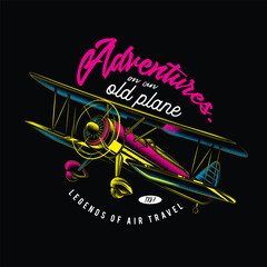 Original vector illustration in vintage style. An old propeller plane. T-shirt Design © artmarsa