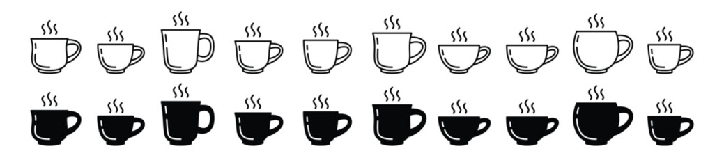 Coffee cup icon vector set in line and flat style. Hot coffee, tea, drinks, cocoa cup or mug sign and symbol. Vector illustration