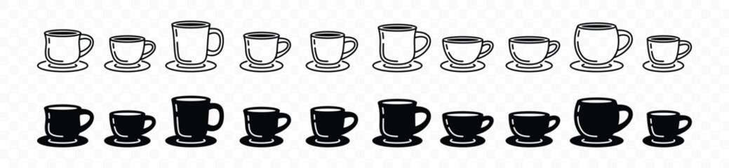 Coffee cup icon vector set in line and flat style. Coffee, tea, drinks, cocoa cup or mug sign and symbol. Vector illustration