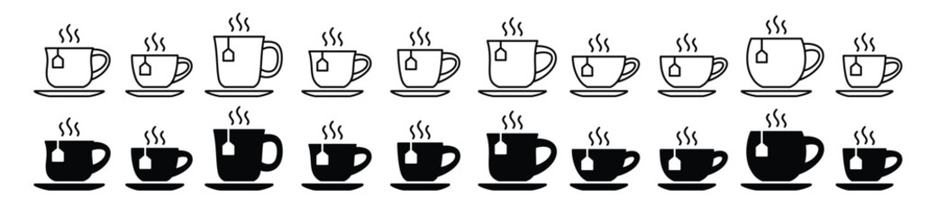 Tea cup icon vector set in line and flat style. Hot coffee, tea, drinks, cocoa cup or mug sign and symbol. Vector illustration