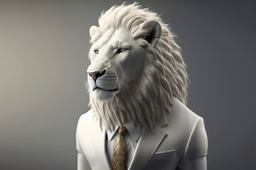 White lion in a formal business suit. Funny businessman animal. Elegant lion king. Realistic 3D illustration. Creative AI