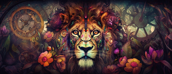 Whimsical Steampunk Lion Jungle King Colorful Flowers Floral Animal Generative AI