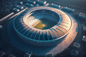 Big sport arena for football and soccer stadium with green grass. Aerial top view sunset light. Generation AI