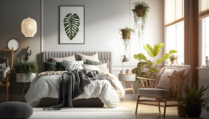 Bedroom interior Scandinavian style with flowers plants botanic, natural materials, large window. AI generation