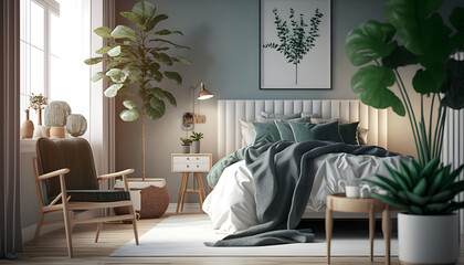 Bedroom interior Scandinavian style with flowers plants botanic, natural materials, large window. AI generation
