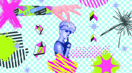 Contemporary digital collage art.  Fashion disco girls 90s party style on design geometry...
