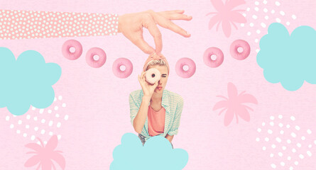 Contemporary digital collage art. Fashion retro Lady and donuts. Diet, sweet, calorie, food...