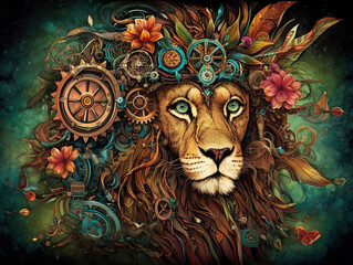 Whimsical Steampunk Lion Jungle King Colorful Flowers Floral Animal Generative AI