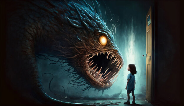 Little girl facing large and scary monster, overcoming fear concept (created with Generative AI)