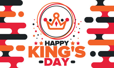 King’s Day in Netherlands. Koningsdag in Dutch. Nation’s cultural heritage and the celebrate birthday of His Majesty King. Dutch royal family. Netherlands flag. Orange colour or orange madness. Vector