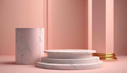Empty podium mock up marble display, blank cosmetic ads stand product placement fashion ads on minimal pink color background, pedestal mockup scene platform ai generative promotion concept.