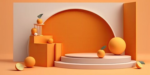 Empty podium, mock up placement display, blank beauty stand for cosmetic product fashion ads on minimal orange background. Luxury pedestal stage mockup scene platform ai generative concept.