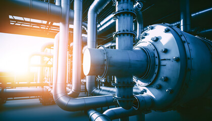 Industrial pipeline blue color banner, oil and gas factory refinery plant form industry zone with sun ligh. Generation AI