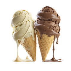 a summer-themed illustration featuring a vanilla and chocolate ice cream cone dripping set on a transparent background and provided in PNG. Generative AI