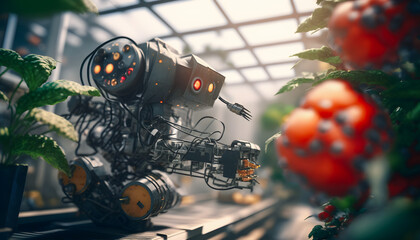 Fototapeta premium Industrial modern 4.0 greenhouse to grow vegetables with robots drone. Concept technology innovations farming. Generation AI