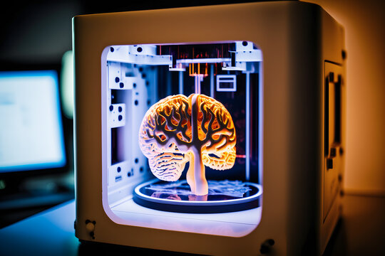 Medicine 3d Printer For Organ Brain Printed. Concept New Technology Transplant. Generation AI.