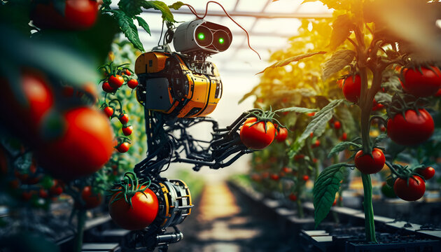 Industrial modern 4.0 greenhouse to grow vegetables with robots drone. Concept technology innovations farming. Generation AI