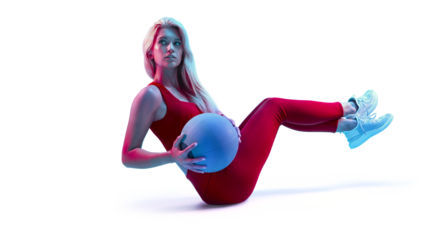 Determined fitness woman exercising fitness ball workout. Abdominal, Shoulders, core muscles training. Isolated transparent background.