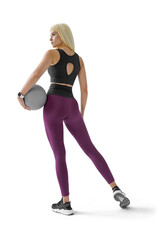 Sporty Woman in sports clothing with medicine ball turned back isolated. Full-length athlete