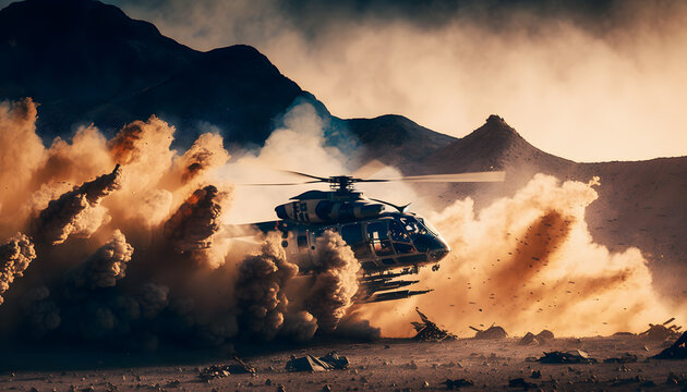 Accident helicopter crashed in sand desert summer. Generation AI