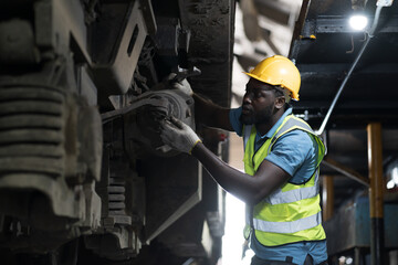 Male engineer maintenance locomotive engine, wearing safety uniform, helmet and gloves in locomotive repair garage. Male railway engineer use wrench repair train wheel in train garage