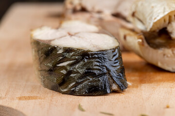 Smoked Atlantic mackerel cut into pieces