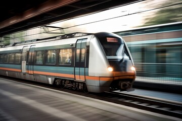 Naklejka na ściany i meble Fast moving train in the station, created with generative AI