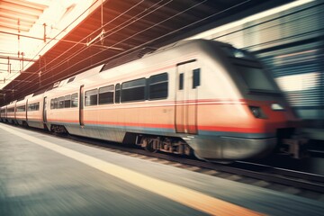 Fototapeta na wymiar Fast moving train in the station, created with generative AI