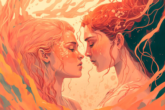 An attractive lesbian couple huddles in the water, giving off a romantic and intimate atmosphere. The soft hue of pink and orange gives an impression of delicacy. Generative AI