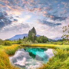 Fototapeta na wymiar Amazing summer view on Zelenci lake with beautiful reflections in water.