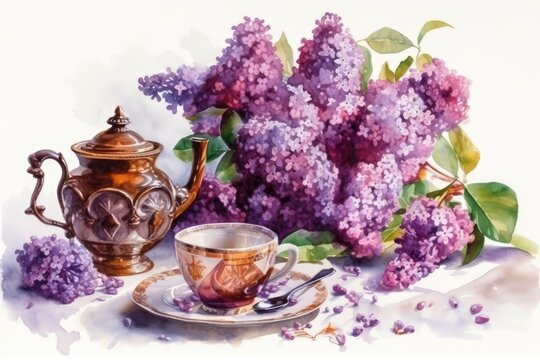 still life with lilacs and served tea table on a white background