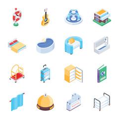 Modern Hotel and Summer Vacation Isometric Icons 

