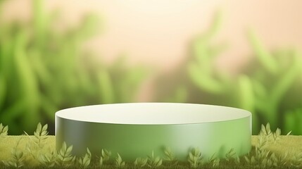 Empty podium, natural mock up display, blank eco plants stand cosmetic product fashion ads on minimal grass leaves green background. Luxury pedestal nature mockup scene platform ai generative