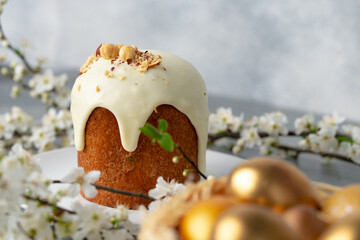 Traditional Easter cake with nuts on gray background