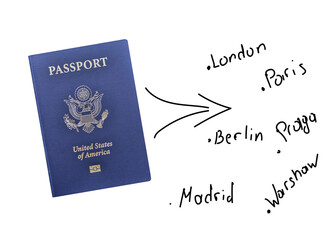 US passport next to the inscriptions of European capitals.