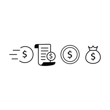 Money vector icon set. Coin with dollar sign icon. Fast money transaction or transfer symbol isolated on white. Simple payment icon in black Fast money business concept. Vector illustration