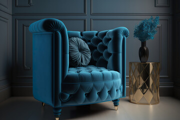 Blue velvet luxury armchair in living room. Living room with blue armchair. Warm and inviting atmosphere. Realistic 3D illustration. Creative AI