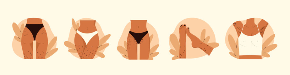 Hairy body collection. Female unshaved hairy legs, armpit and pubic hair set. Body positive, normalize female body hair, skin care. Vector illustration in cartoon style. Isolated white background - obrazy, fototapety, plakaty