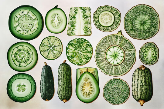 his stock picture features a vibrant arrangement of several crisp cucumber slices. The slices are carefully placed in a symmetrical pattern, creating a visually appealing display. 